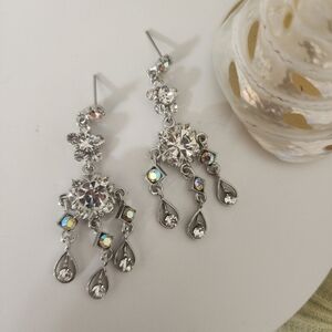 Silver Chandelier Dangle Earrings with Ab and Clear Crystal Stones